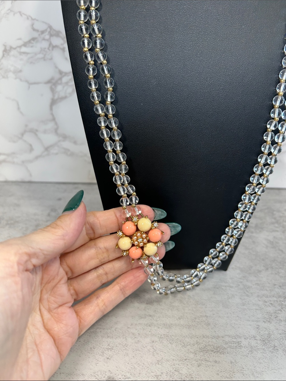 J. Crew Clear Glass Bead Double-Strand Necklace w/ Coral & Cream Flower Cluster - Picture 2 of 4